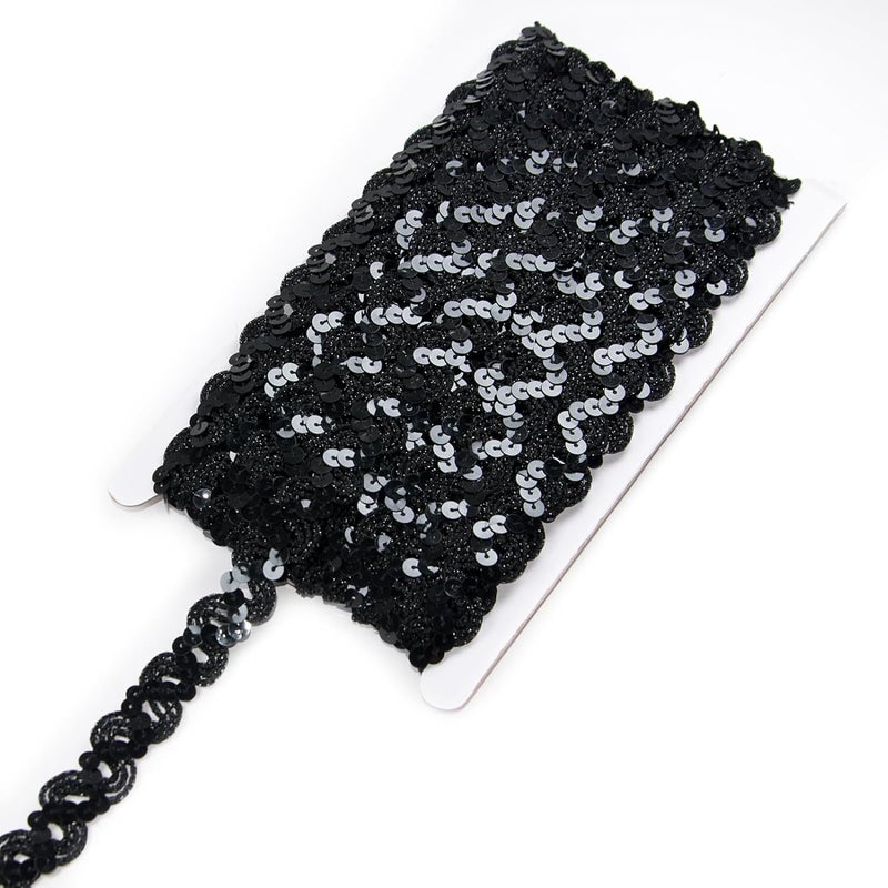 TACOLO 2 Rolls Sequin Ribbon Trim for Sewing, 24 Yards Black Flat Glitter Sequin Trim Flat Strip for Craft, Sports Events, Costume, Embellishments - Image 1